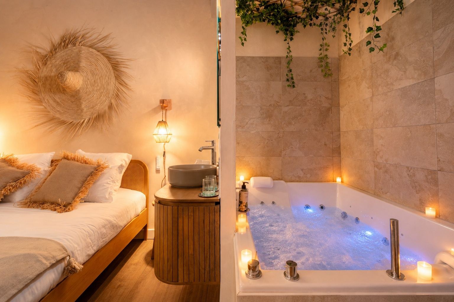 Suite Bali à Carpentras, chambre et baignoire balnéo privative