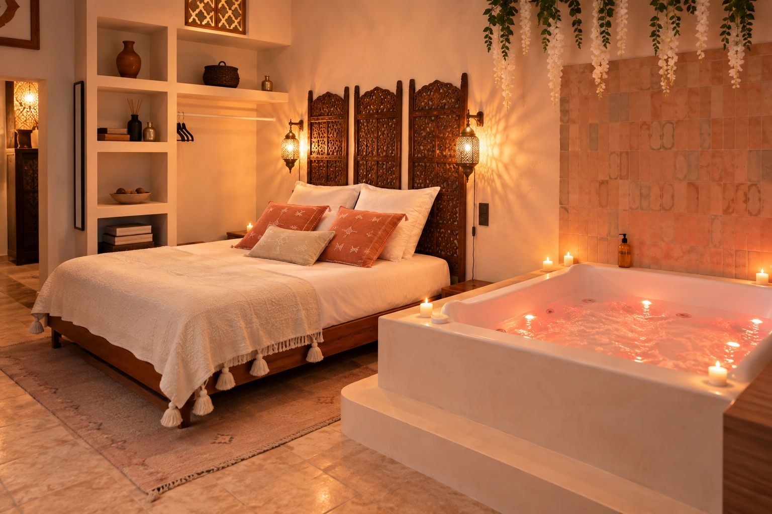 Suite Riad à Carpentras, lit double et baignoire balnéo privative